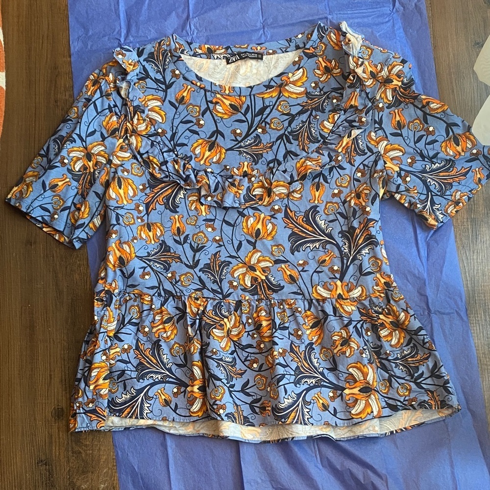 Zara Blue and Orange Floral Blouse